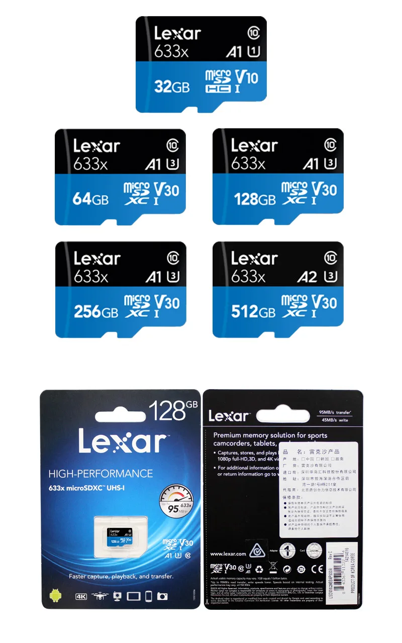Lexar 633x Micro SD карта, 32 ГБ, A1 Class 10 Скорость чтения Скорость 95 МБ/с. UHS-I слот для карт памяти 64 ГБ 128 ГБ 256 V30 A1 U3 TF карты