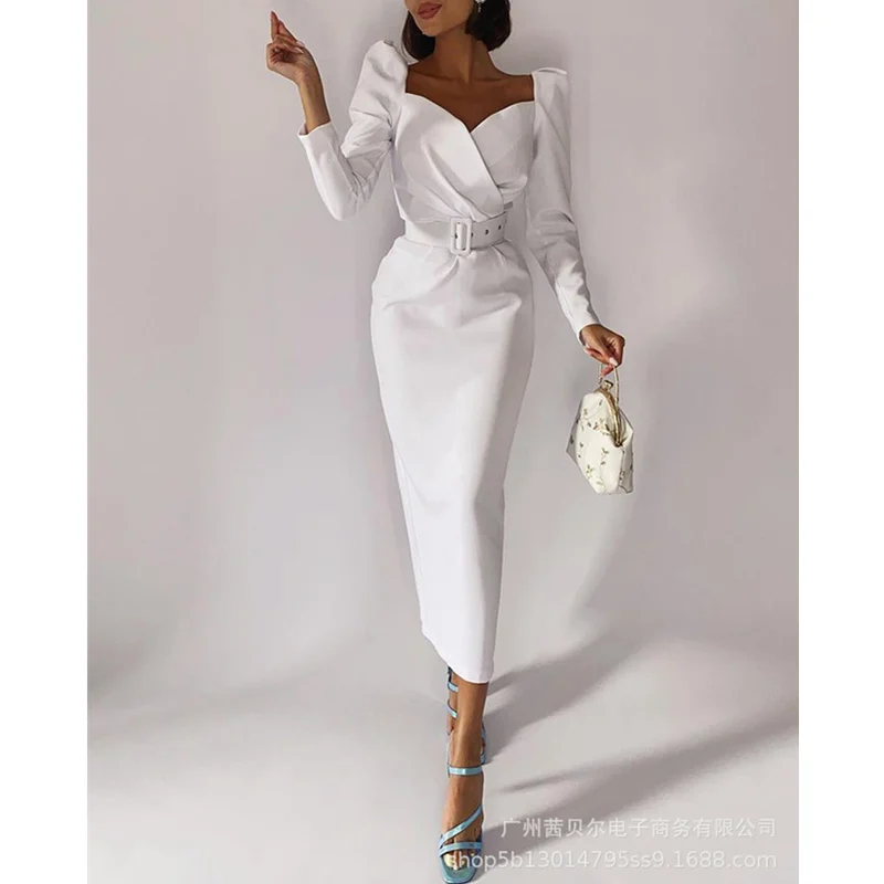 

Mandylandy Women's Elegant Party Evening Dress Office Lady Long Puff Sleeve V Neck High Waist Bodycon Dress with Belt