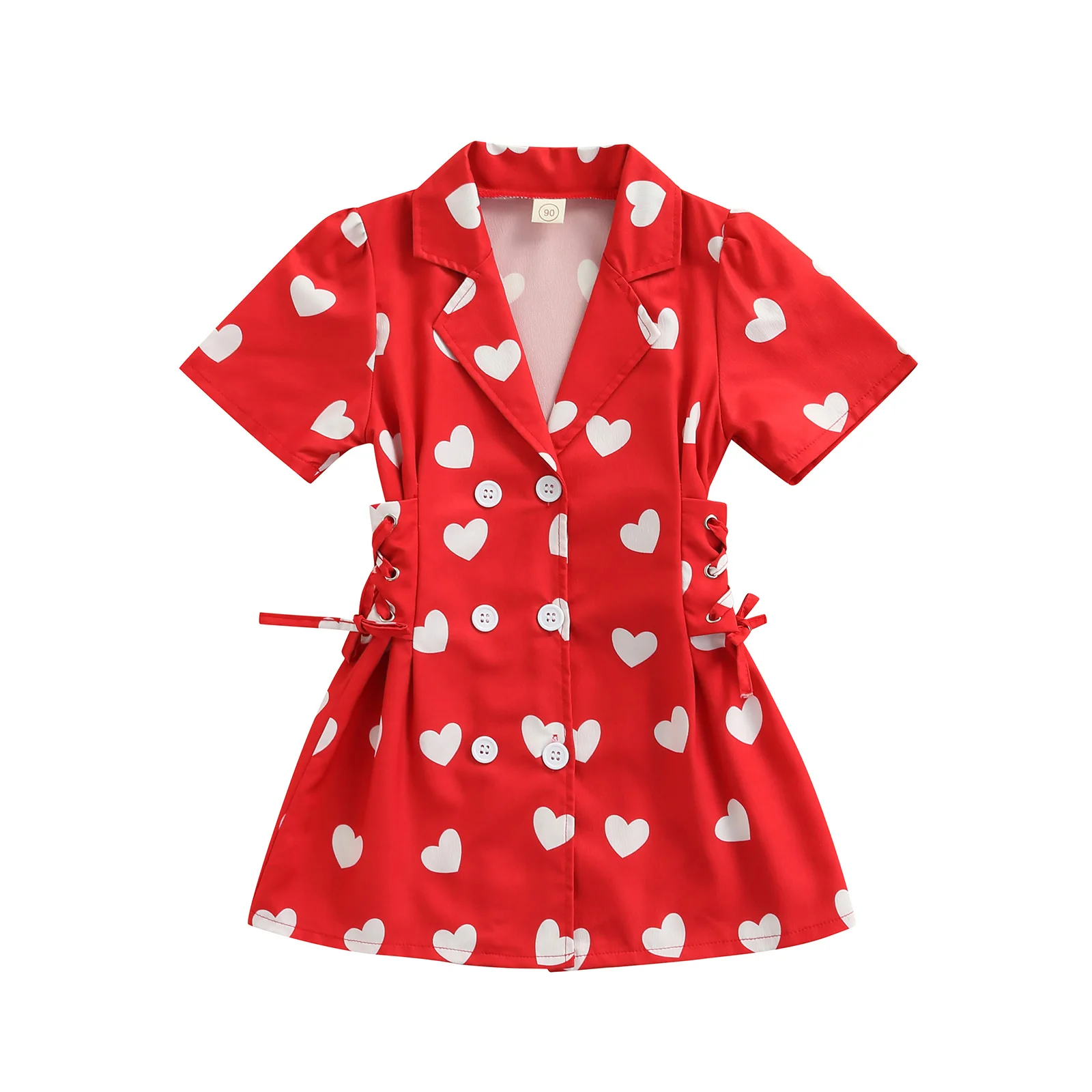 

Lovely Little Kids Baby Girls Heart Dress Cotton Short Sleeve Lapel Collar Buttoned Waist Strap Thigh Dresses Kids Clothing