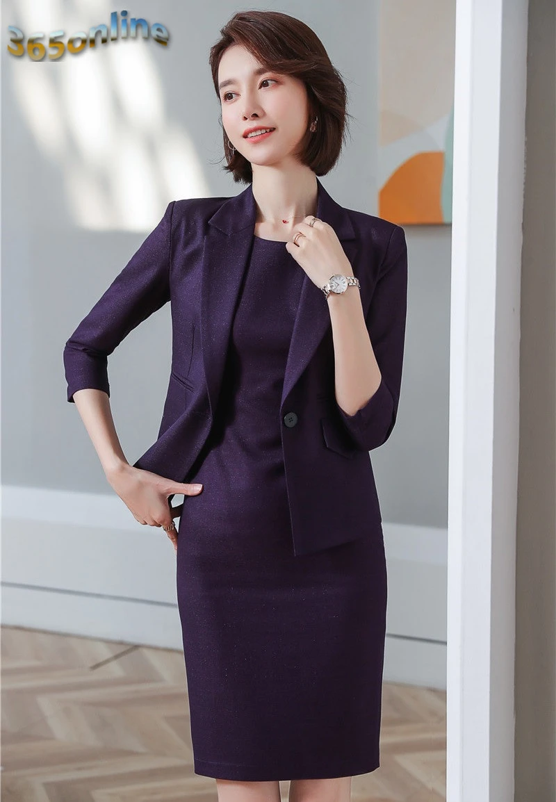 Новинка фиолетовые официальные женские деловые костюмы с платьем и курткой