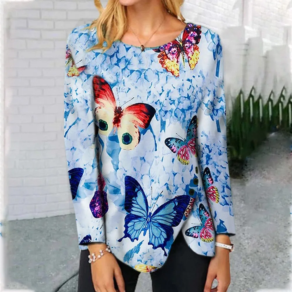 

Women Blouse Autumn Long Sleeve Blouse Ladies V Neck Loose Irregular Hem Causal Printing Pullover Tops Blouse Plus Size