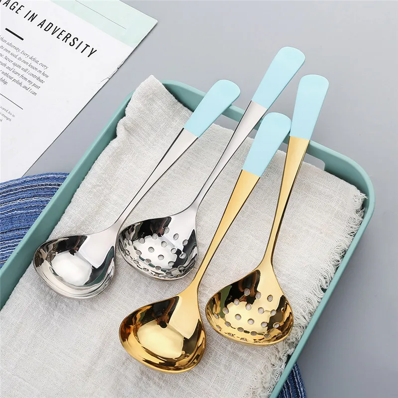 

304 Stainless Steel Soup Spoon Colander Long Handle Thicken Tableware Hot Pot Tablespoons Cooking Soup Ladle Home Utensils