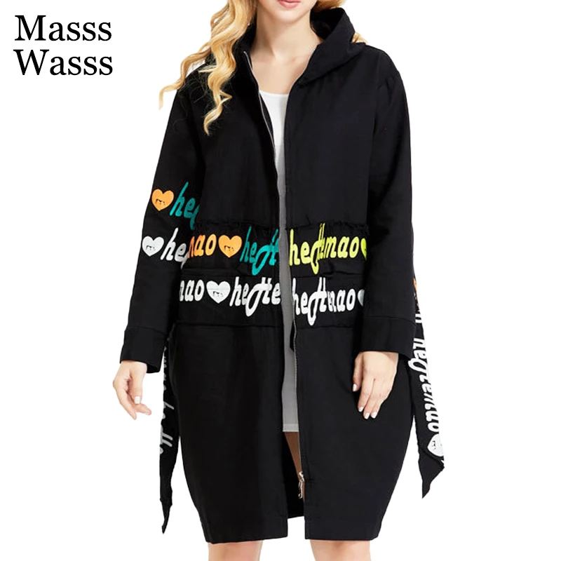 

Masss Wasss 2021 Autumn Korean Style Ladies Printed Hooded Trench Coats Women Black Zippers Windbreakers Female Loose Streetwear