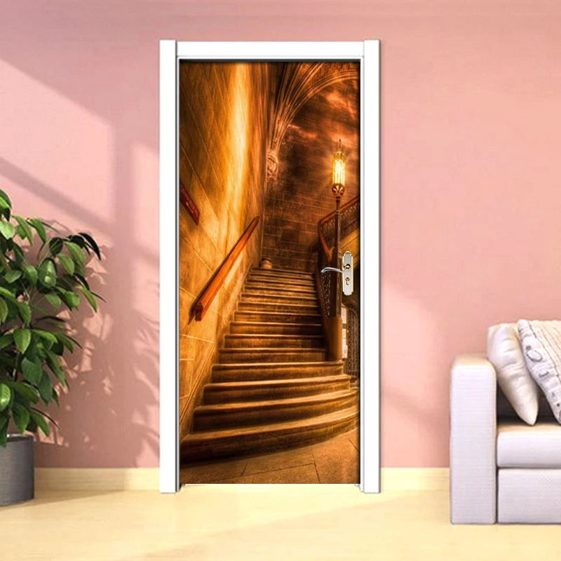 Самоклеящиеся наклейки на дверь из ПВХ золотой коридор лестница фотообои для