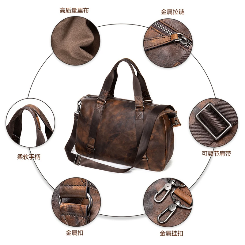 Men's Genuine Leather Travel Bag Men Vintage Large Capacity Duffle Bag Luggage Male Messenger Shoulder Bags For 15.6