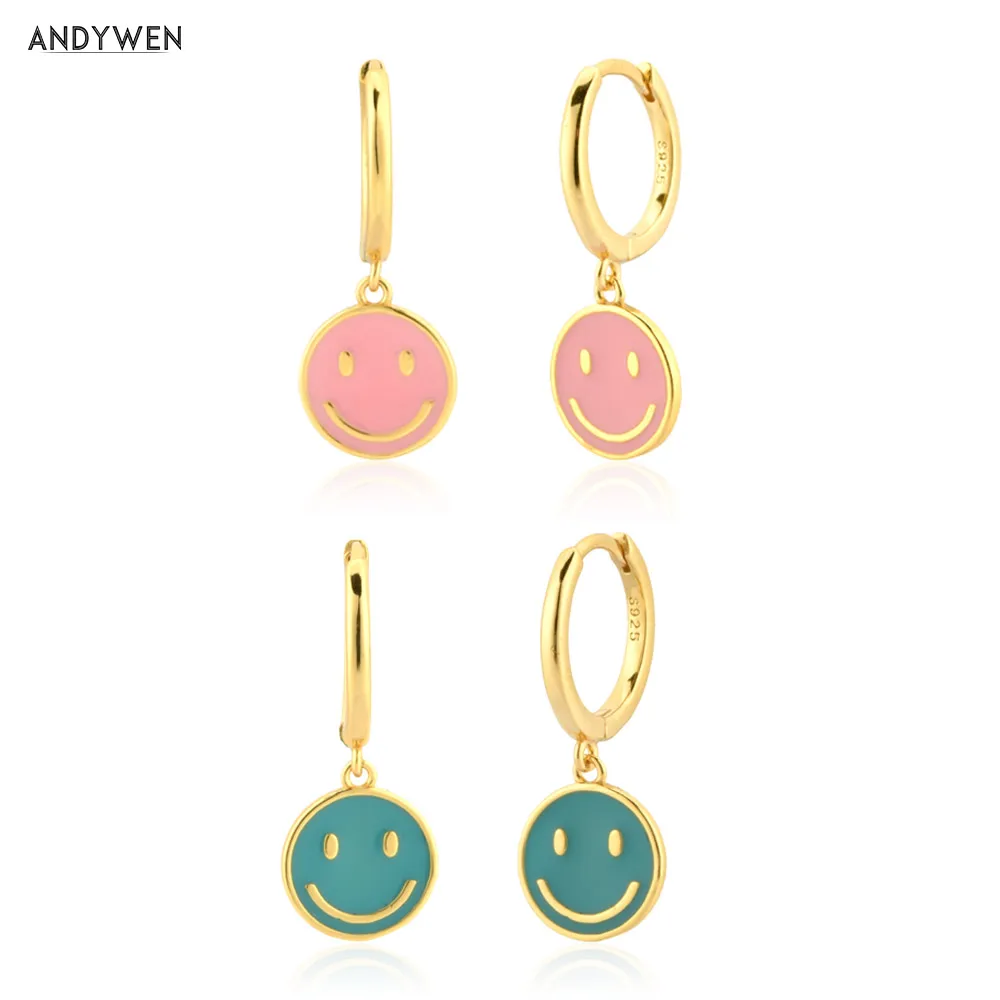 ANDYWEN 925 пробы цвет серебристый Золотой светильник розовый смайлик серьги Для