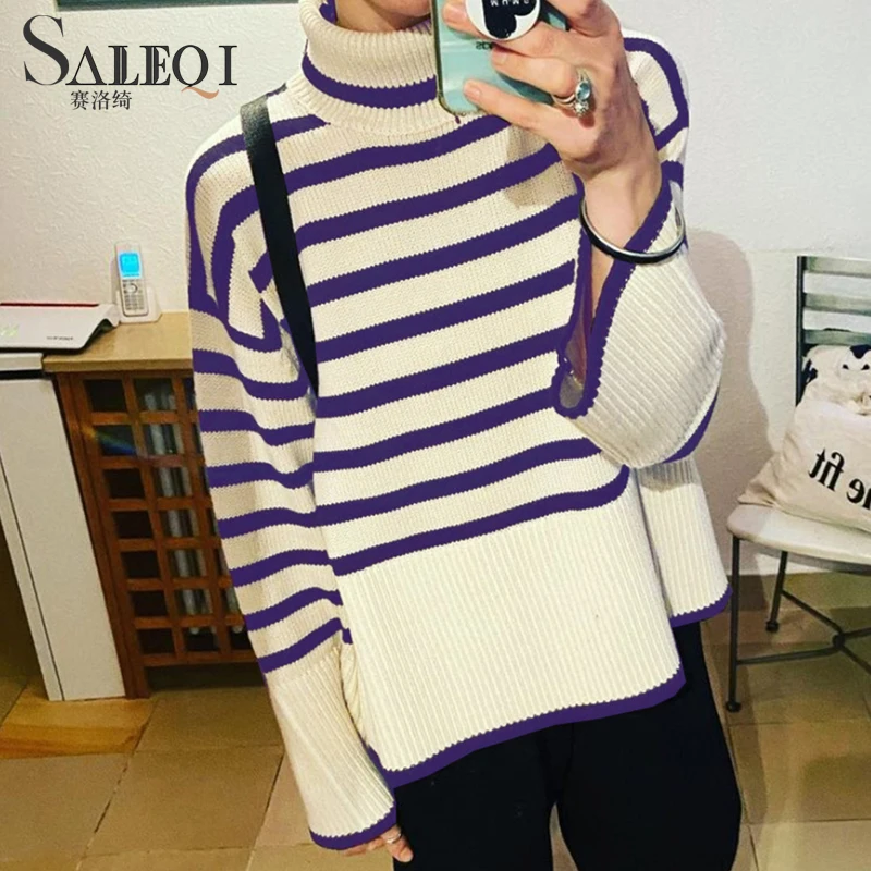 

Женский вязаный пуловер оверсайз SALEQI, повседневный свободный свитер цвета хаки в полоску с высоким воротником и длинным рукавом, весна-осен...