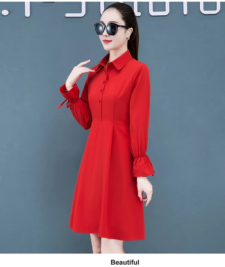 

2021 new autumn and winter loose solid color pocket long sleeve V-neck cotton and linen dress one