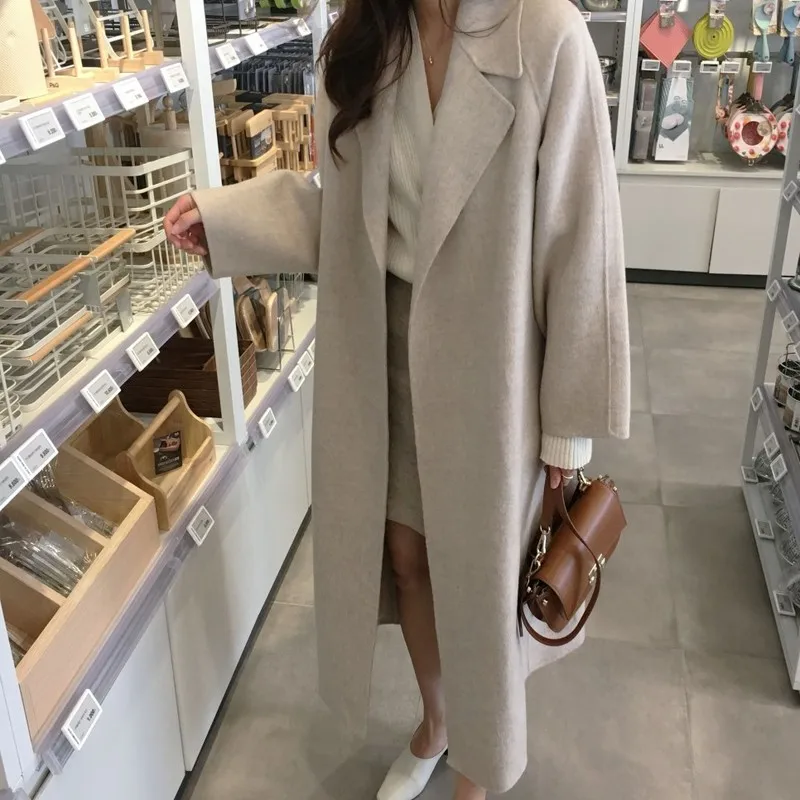 

Solid Lapel Woolen Coat for Woman Korean Long-sleeved Woolen Coat with Loose Belt for Women Simple Warm Slim Women's Coat 2021
