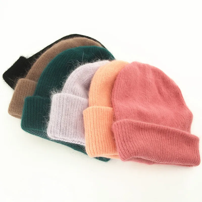 

ZHENPEI029 New winter 100% rabbit fur knitted beanies cap Women casual thick warm hat Knitted skullies Curled Ski skullcap Gorro