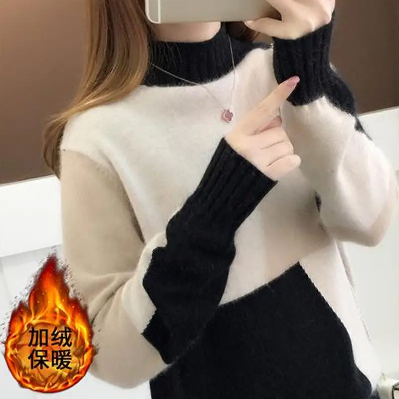 

Plus velvet/no velvet sweater 2020 new autumn and winter women's color long sleeve thick knitted bottoming shirt top tide