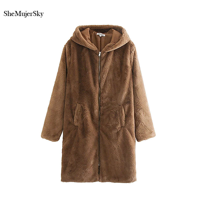 SheMujerSky коричневое пальто из искусственного меха женские зимние теплые куртки на