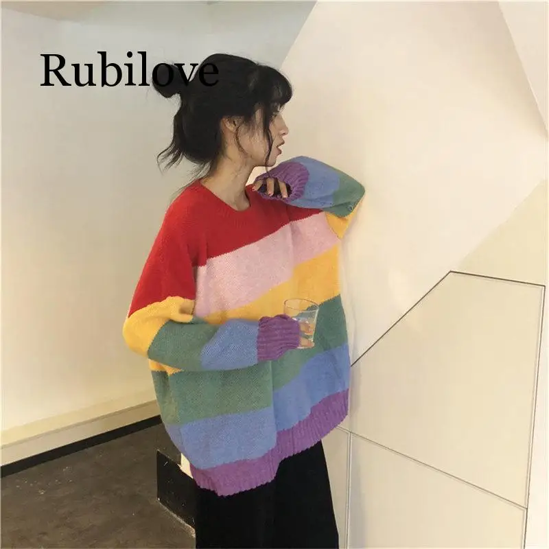 

2019 Autumn Rainbow Sweater Women Harajuku Jumper Striped Pullovers Oversized Sweaters Korean Vintage Knitwear