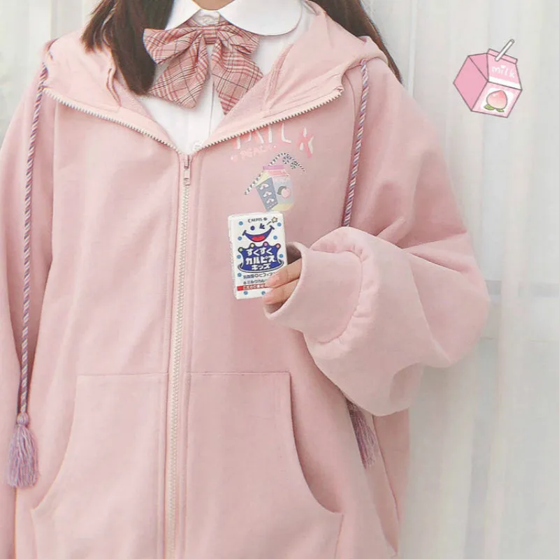 

Sweatshirt Schoolgirl Winter Loose Thin Cartoon Zip Up Hoodies Hoodies Woman Streetwear Harajuku Sweet Cute Style Hoodies