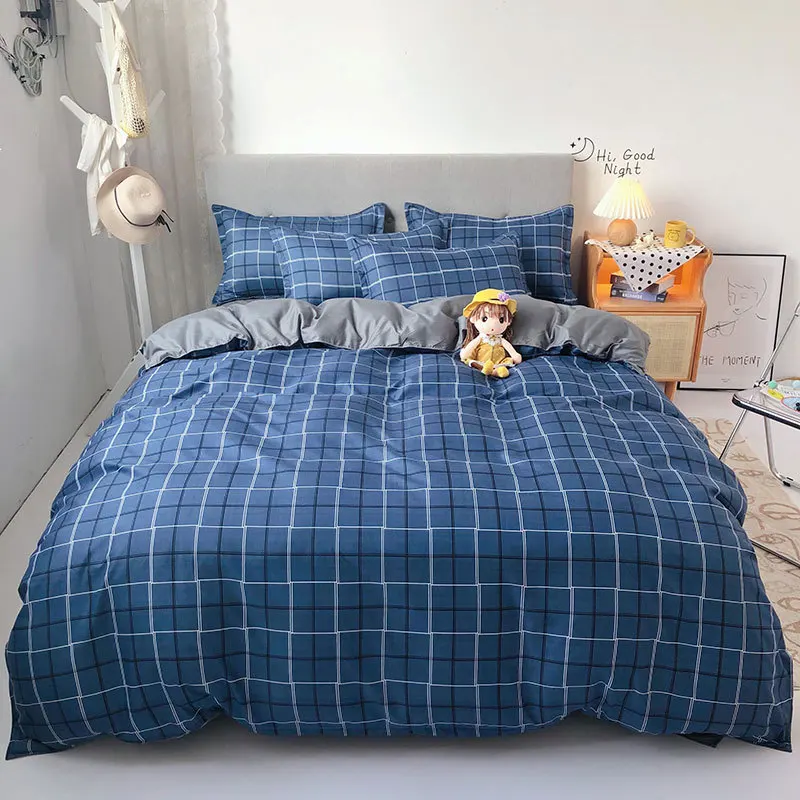 

Home Textile Blue grid Printed Duvet Cover Pillowcase Bed Sheet Simple Boy Girls Bedding Sets 3/4Pcs Single Double Bedlinen