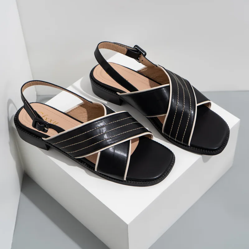 

2021 New High Heel Women Summer Sandals Roman Style Stripe Cross Square Toe Slippers Female Mid High Heel Women Shoes