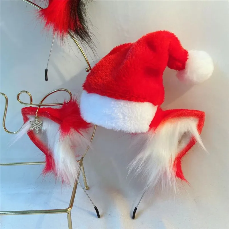 

Обруч для волос с красными кошачьими ушками и рождественской шапкой, головной убор для рождественской вечеринки, аксессуары для костюма для косплея