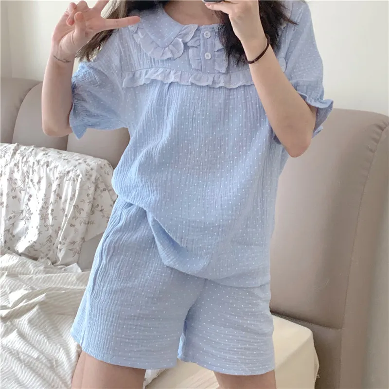 

Комплект пижамный CBAFU Женский, из 2 предметов, мягкий, удобный, хлопковый, синий, с воротником Питер Пэн, пуловер, топ, шорты, M777