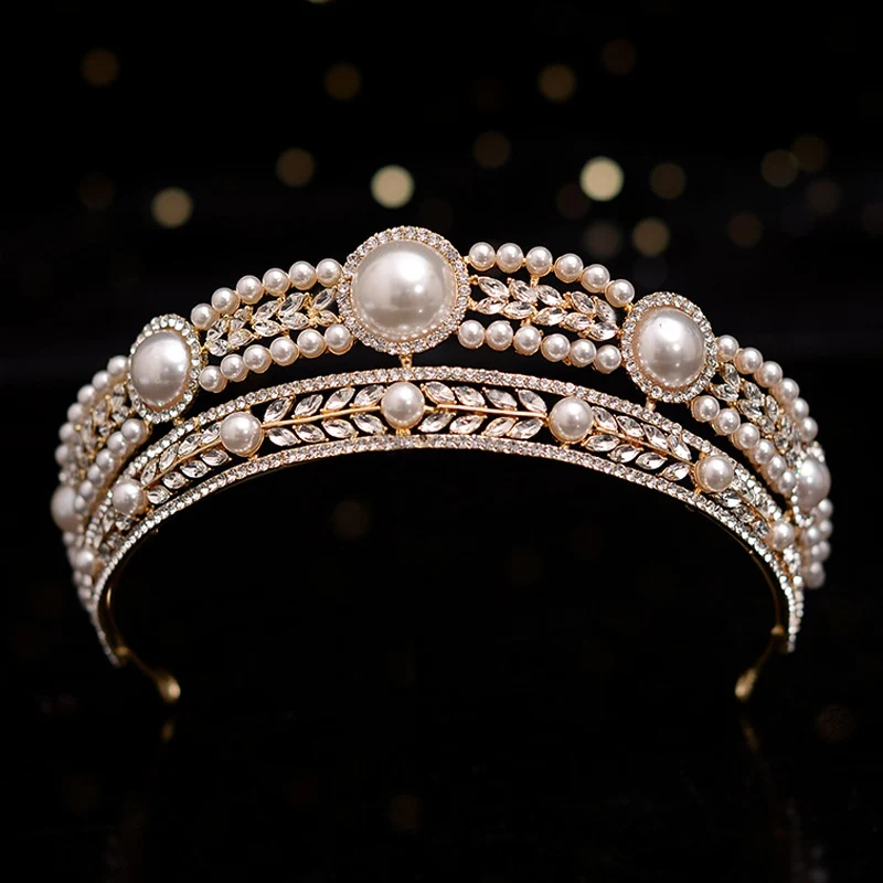 

gold Bridal Crown Rhinestone Pearl Tiara Performance and Catwalk Headpieces Bridal wedding hair accessories