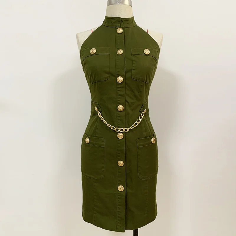 

High Quality Top Goods 2021 Spring and Summer New Fashion Lion Buckle Chain Decoration Open Back Cotton Dress