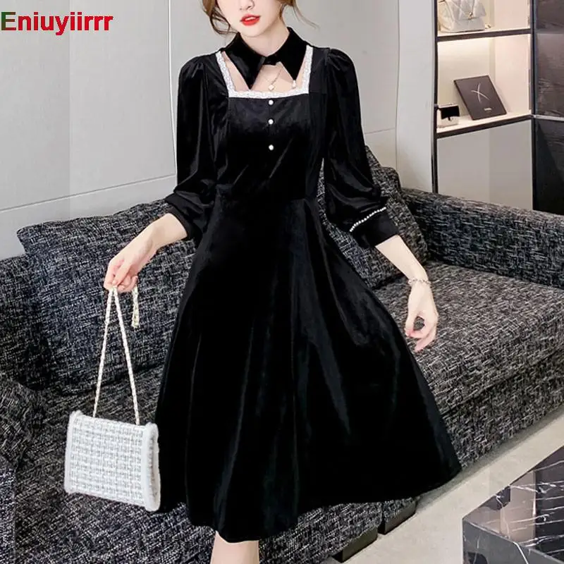 

Mesh Sheer French Black Dresses Vestidos Fashion Women Elegant Office Lady New Year Party Feminine A Line Solid Velvet Dress
