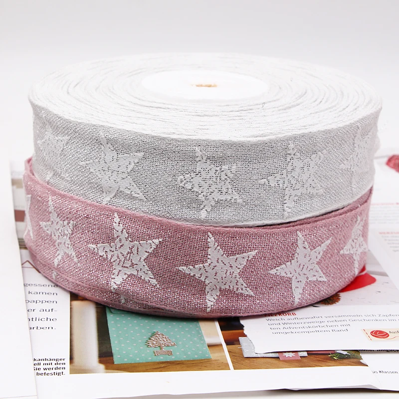 Рождественская хлопчатобумажная лента 38 мм с розовым/серебряным блеском принтом