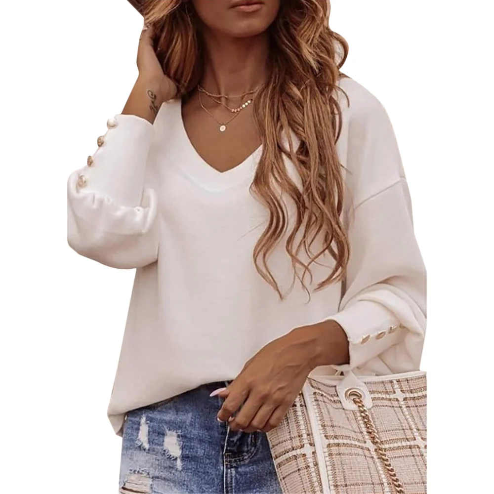 

Womens Pullovers Button Long Sleeve with Button Tops Solid Color Women V Neck Shirts Casual Oversize Loose Pullover