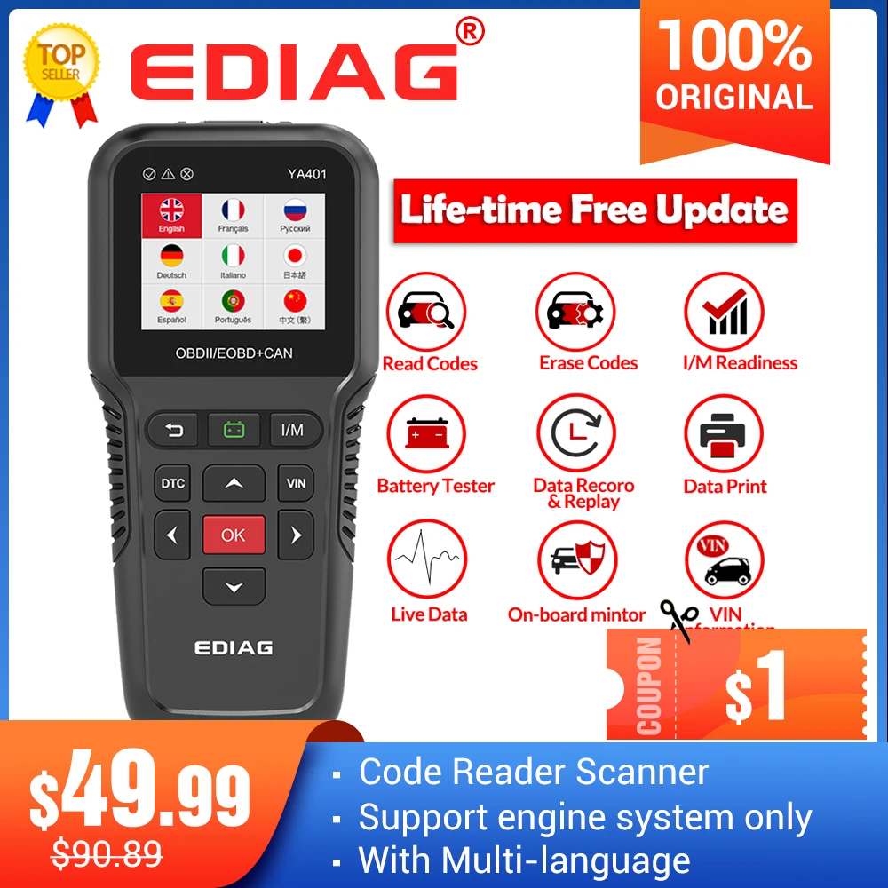 Сканер-считыватель кодов Ediag YA401 obdii, полное обновление, функция OBD2, проверка батареи, PK KW850 CR3008, автоматический диагностический инструмент - изображение
