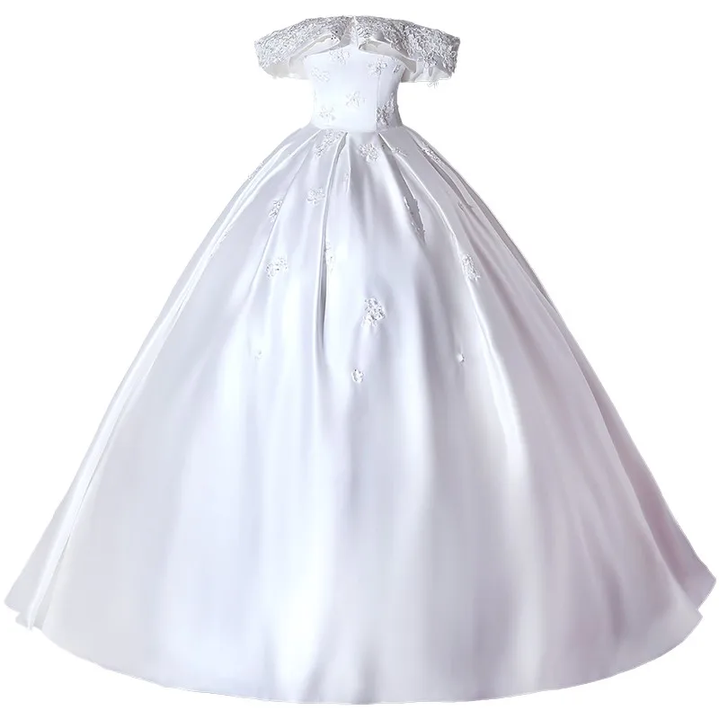 

Satin Wedding Dresses 2021 New Boat Neck Wedding Gown Luxury Lace Ball Gown Off The Shoulder Customize Vestido De Noiva