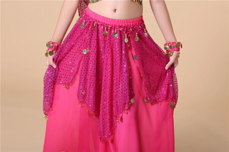 Дети Индия Детская Одежда для танцев танец живота 4 шт./компл.(топ+ юбка+ браслет+ повязка на голову) танец живота Болливуд костюмы для выступлений; танцевальная одежда