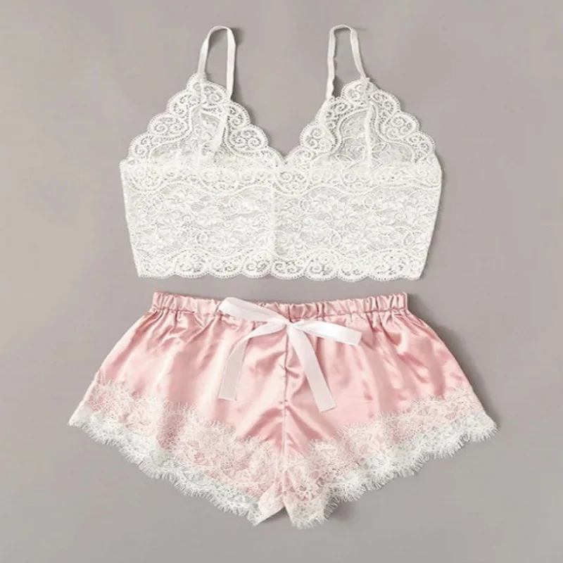 Розовый Sale Floral Lace Cami Top With Satin Shorts Lingerie Set Women Summer Sexy Sets Ladies Bra And Panty Sleepwear Pajama suit - Цвет: Розовый