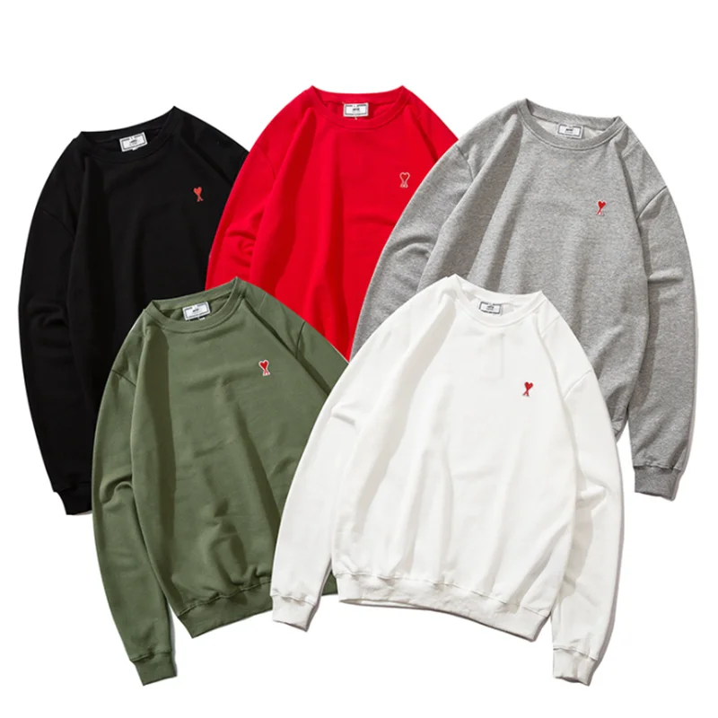 

AMI Men's and Women's Hooded Long Sleeve Cotton Sweatshirt Pullover Red Embroidered Heart Shape 2021 New Top Fashion Spring