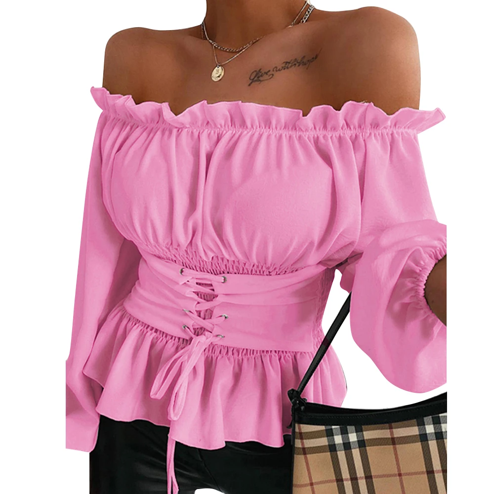 Solid Front Ruffles Tops Pleated Lace Up Fashion Women Ladies Long Sleeve Off Shoulder Cropped Tops Bangdage Blouse Shirt D30
