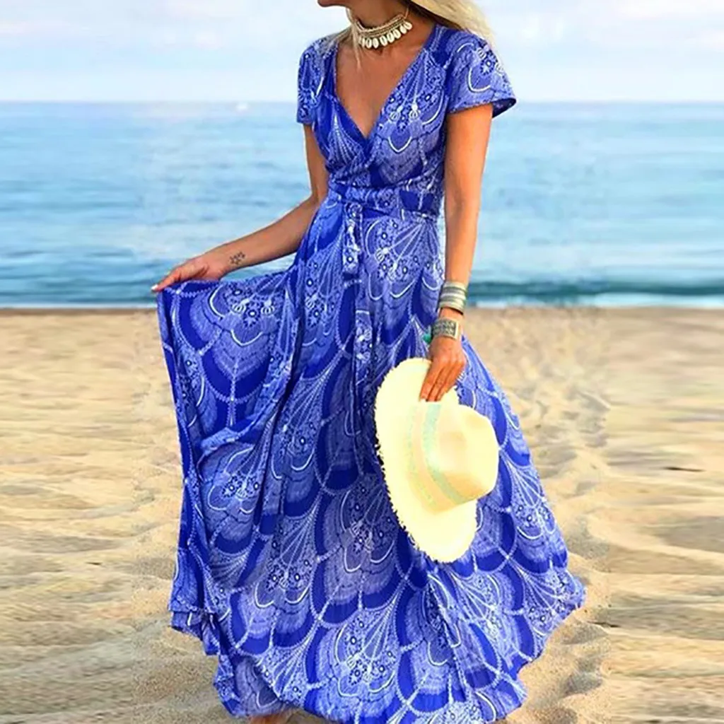 Женское пляжное платье-трапеция Длинное свободное платье макси с v-образным