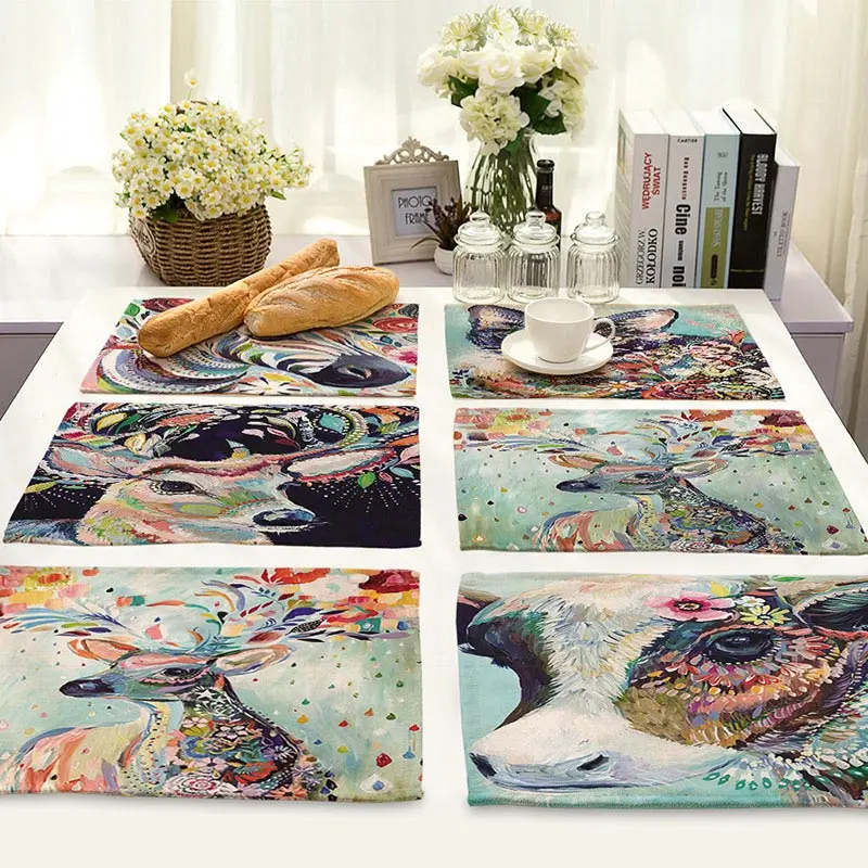 

Oil Painting Style Colorful Animal Print Cotton Linen Placemat Coaster Dining Table Mats Pad Bowl Cup Mat Restaurant Supplies