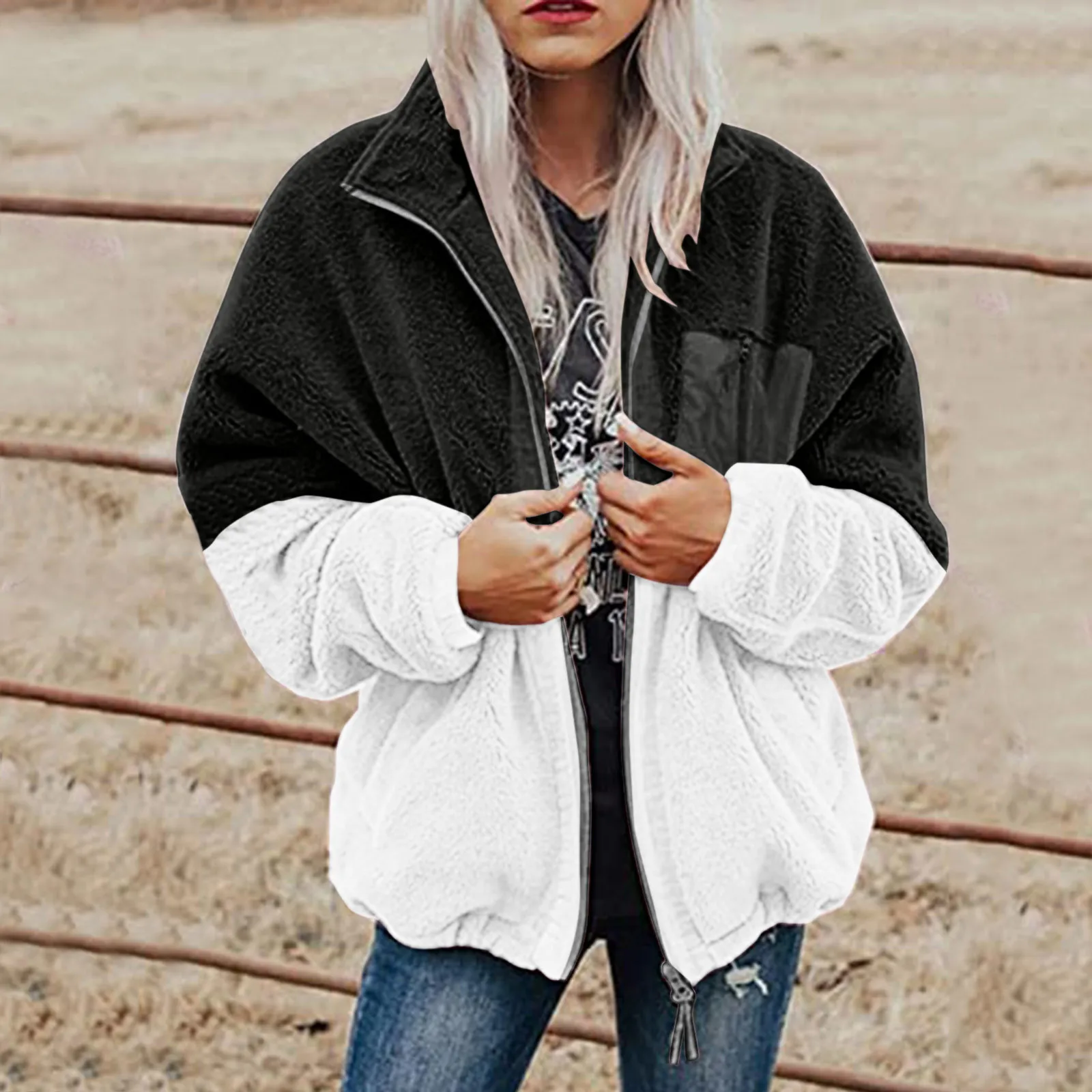 

Женская толстовка с капюшоном, зимняя теплая шерстяная куртка в стиле пэчворк с карманами, повседневное свободное хлопковое плюшевое пальт...