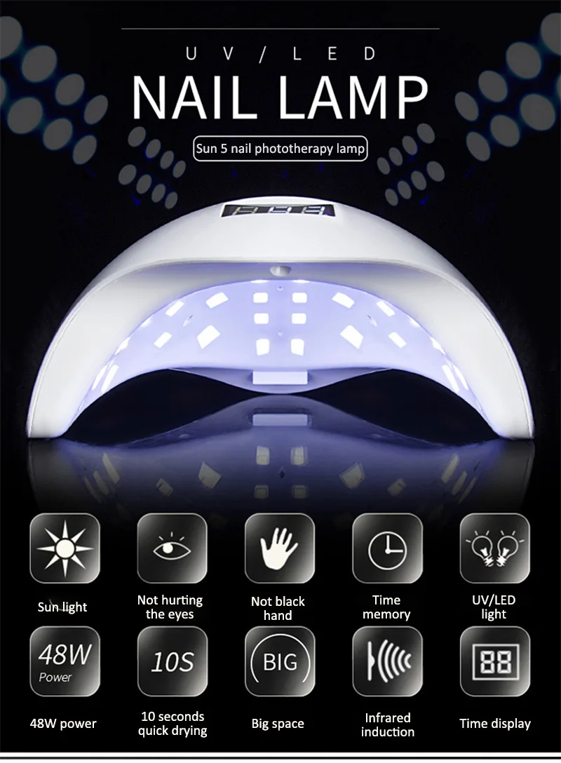 SWOISS 48W UV LED Lamp Nail Dryer For All Gels Polish Sun Light Infrared Sensing Timer Smart LCD Display Manicure