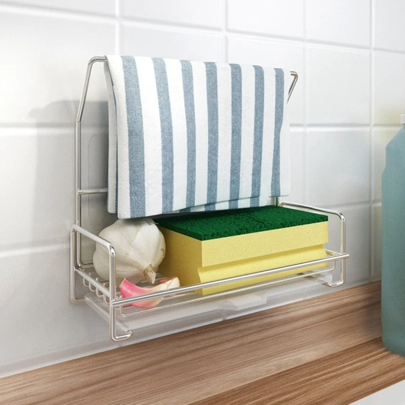 

Hot Kitchen Sink Caddy Organizer with Drain Pan Adhesive and Countertop Dual-Use Sponge Brush Soap Dish Holder