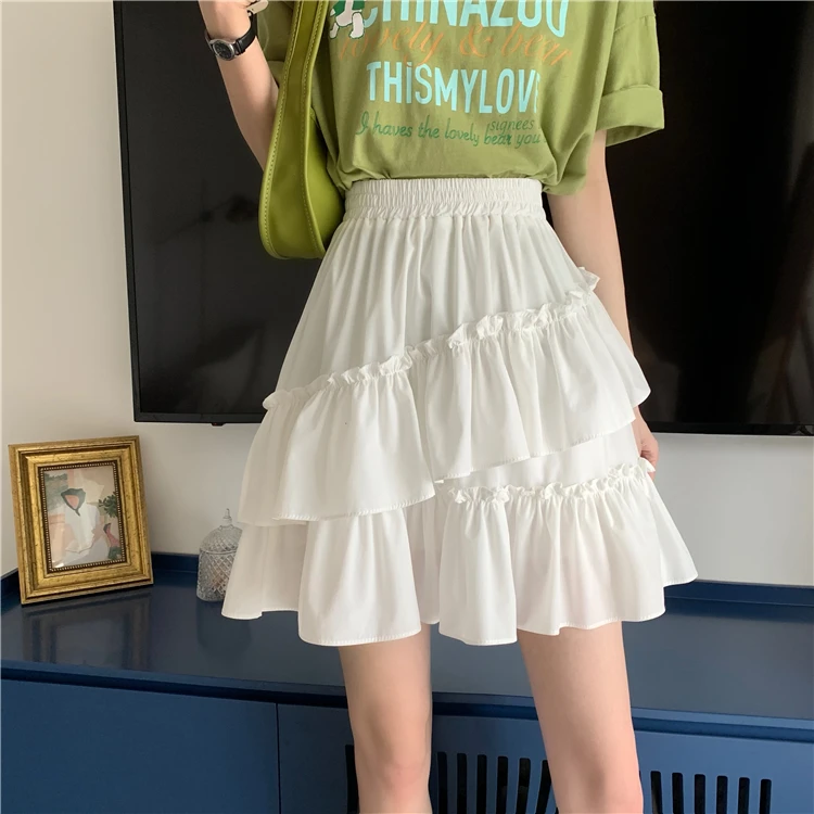 

New Chic Ruffled Asymmetrical Pleated Mini Skirts Women Summer Fashion High Waist A-line Puff Skirt Holiday Style Female Skirt