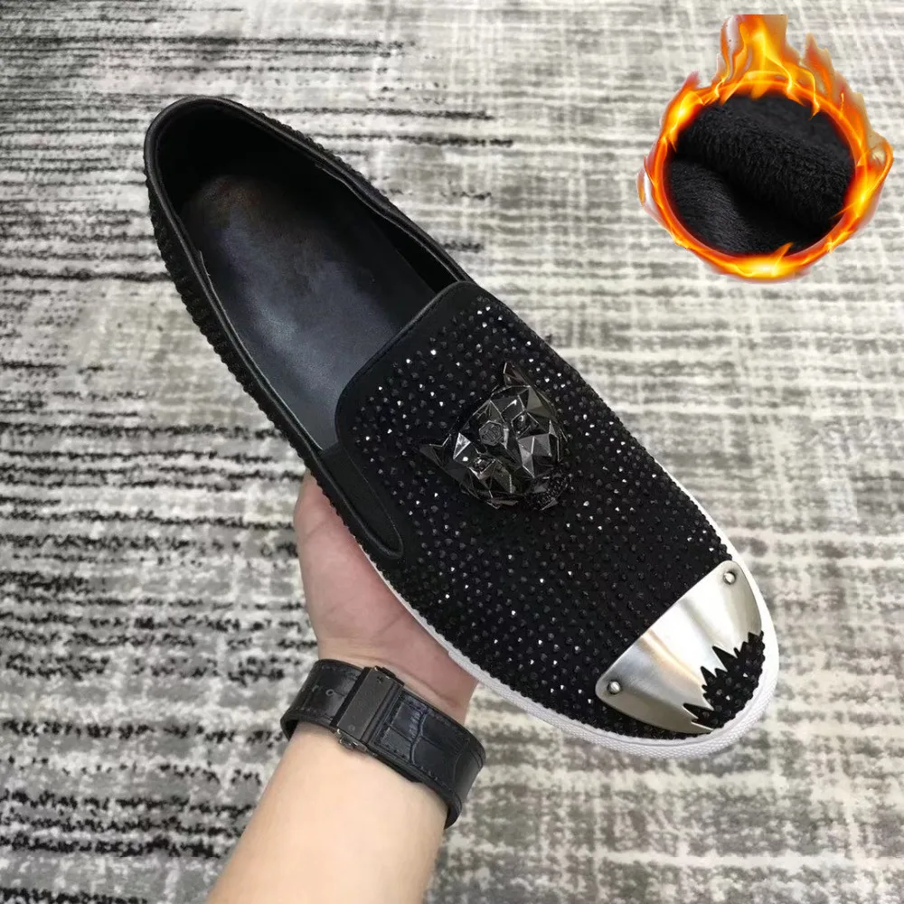 Fur black Г. Новая обувь больших размеров мужские лоферы без застежки Роскошные повседневные модные брендовые мужские туфли свадебные туфли - Цвет: Fur black