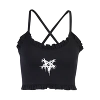 summer women vest black camisole five pointed star printed edible tree fungus spaghetti straps backless sleeveless crop tank top