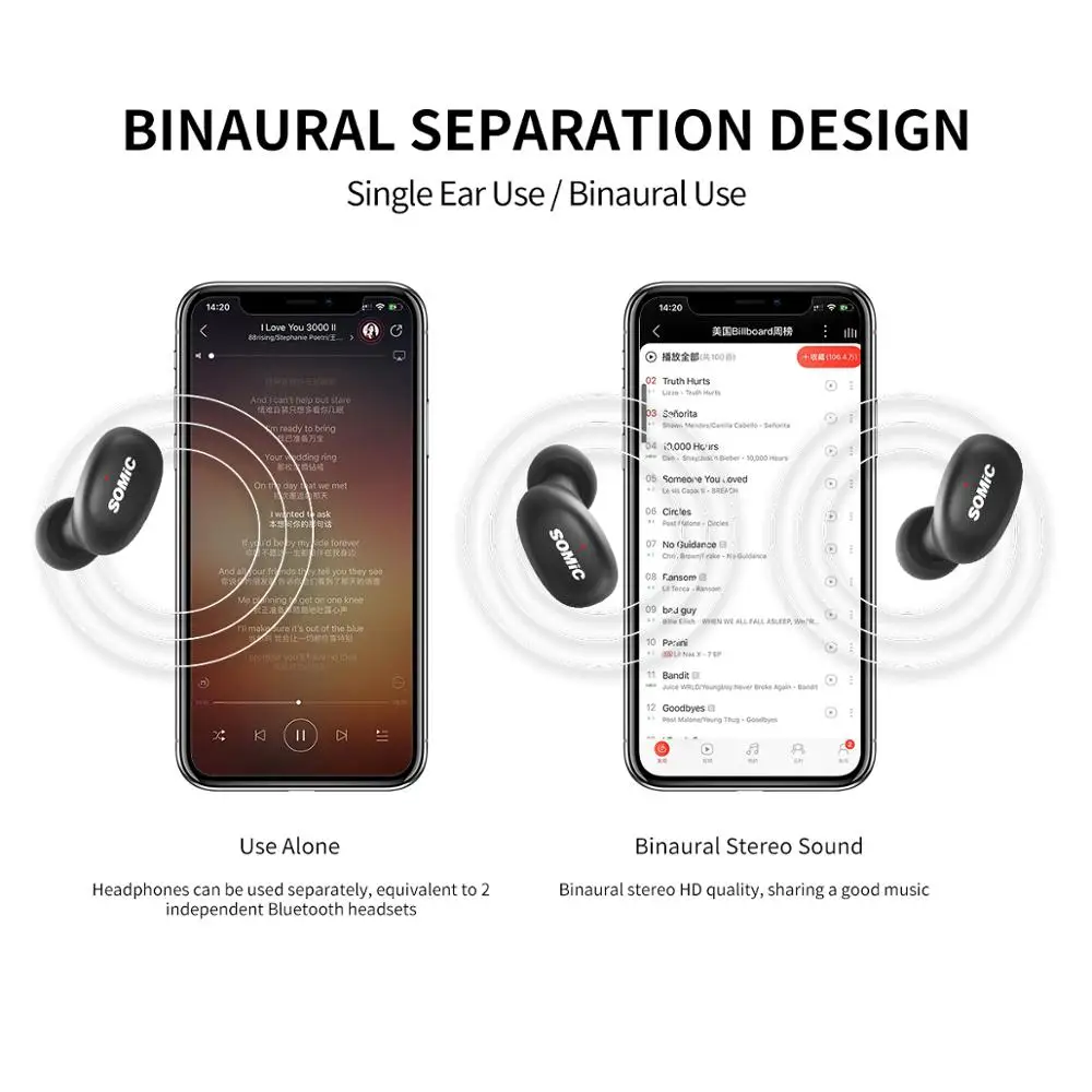Беспроводные наушники SOMiC Bluetooth 5 0 W10 вкладыши с функцией шумоподавления|Наушники