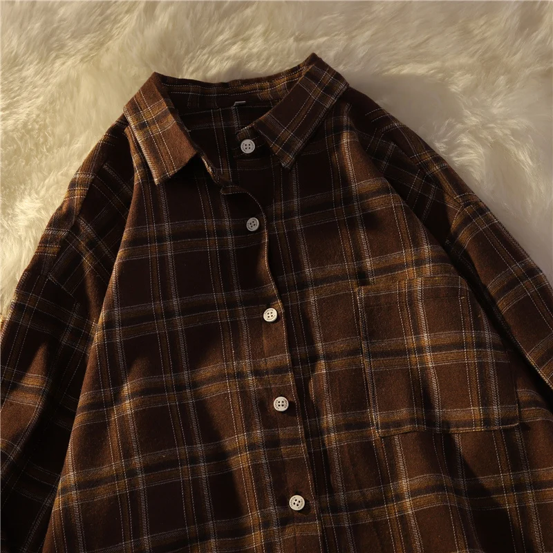 Women's shirt Plaid fairy grunge brown top Vintage Oversized Plaid Flannel Boyfriend Tunic Shirt for Women Casual Korean Tops
