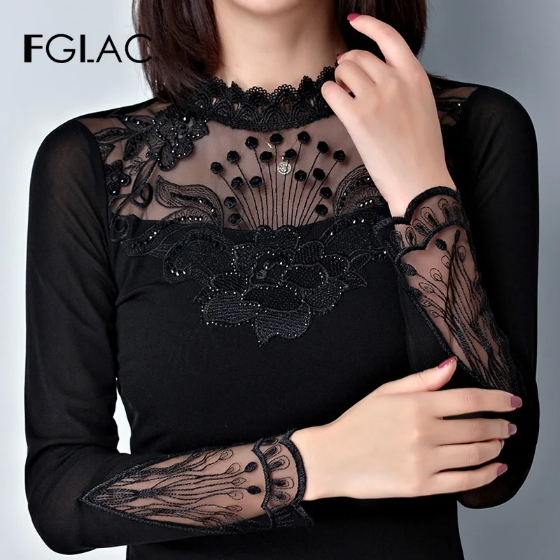 Женская блузка рубашка новинка 2019 Осенние сетчатые Топы с длинным рукавом