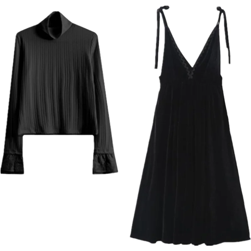 Осенне-зимнее черное платье в стиле Хепберн Женский комплект из двух частей Yujie