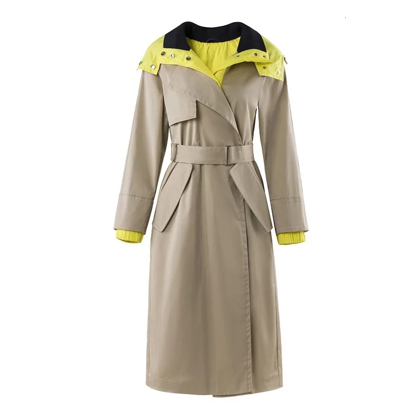 DEAT new winter fashion desings clothes full sleeves yellow patchwork kahki color hooded windbreaker with belt WJ89104L - Цвет: apricot