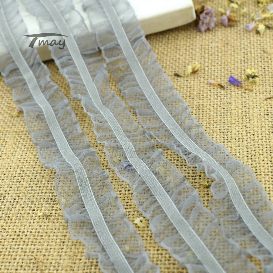 

#294 Promotion Gray Color Organza ruffle lace trim 25MM 6yards/lot elastic lace Fold Chiffon Lace Elastic bands Gauze Ruffles