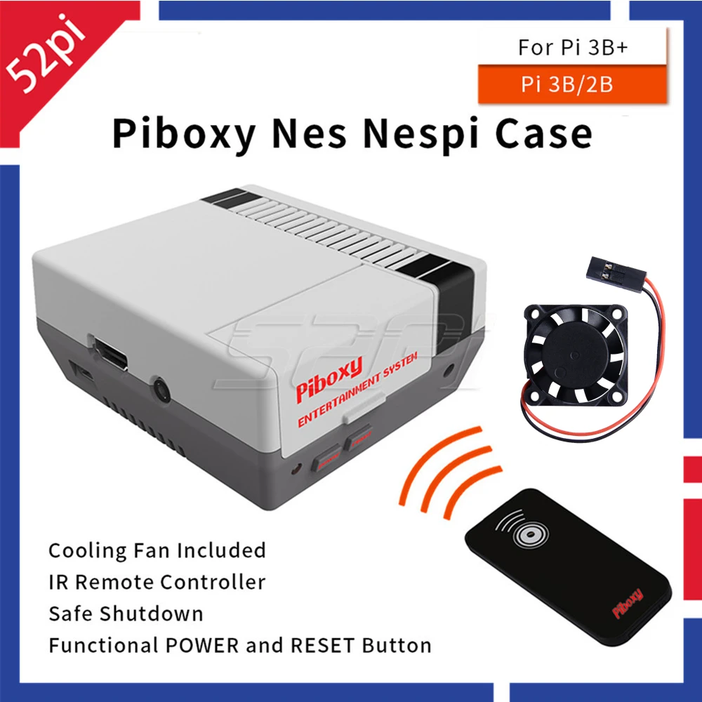 52Pi чехол Piboxy NES NESPi с ИК-пультом дистанционного управления, функциональная кнопка выключения питания, охлаждающий вентилятор для Raspberry Pi 3B+/3B
