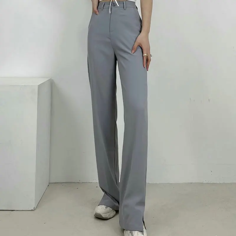 

Женские деловые брюки с высокой талией, элегантные черные и серые брюки с широкими штанинами, офисные деловые брюки с разрезом и карманами, ...