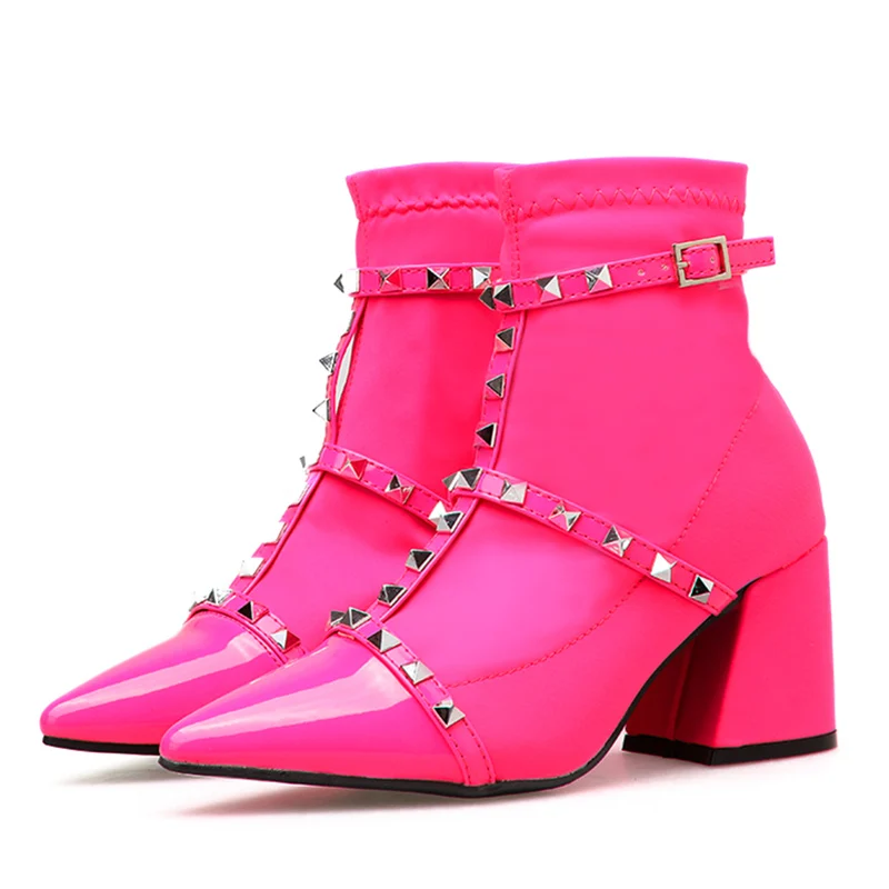 Rose Red 7cm Модные роскошные женские туфли на высоком каблуке 11,5 см; Шелковый носок с заклепками; ботильоны на шпильке; красные весенние туфли с шипами; Scarpins - Цвет: Rose Red 7cm
